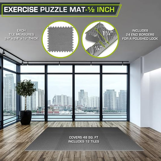 Interlocking EVA Foam Exercise Mat Tiles, 1/2" Thick, Gray, 12-Pack, 48 Sq Ft