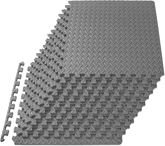 Interlocking EVA Foam Exercise Mat Tiles, 1/2" Thick, Gray, 12-Pack, 48 Sq Ft