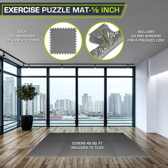 Interlocking EVA Foam Exercise Mat Tiles, 1/2" Thick, Gray, 12-Pack, 48 Sq Ft