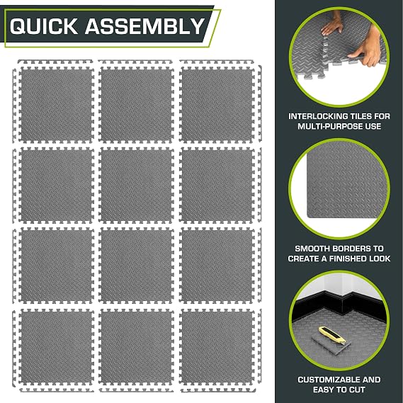 Interlocking EVA Foam Exercise Mat Tiles, 1/2" Thick, Gray, 12-Pack, 48 Sq Ft